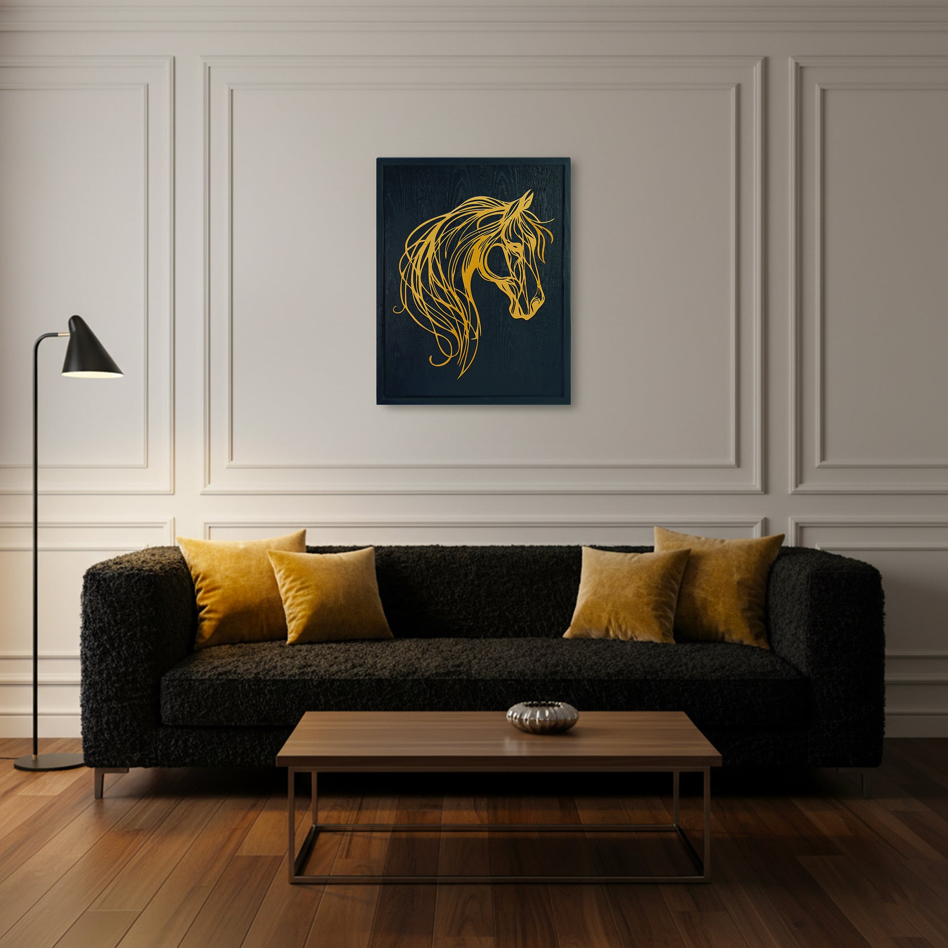 Modern living room with a black sofa, gold cushions, and a decorative horse head painting on the wall.
