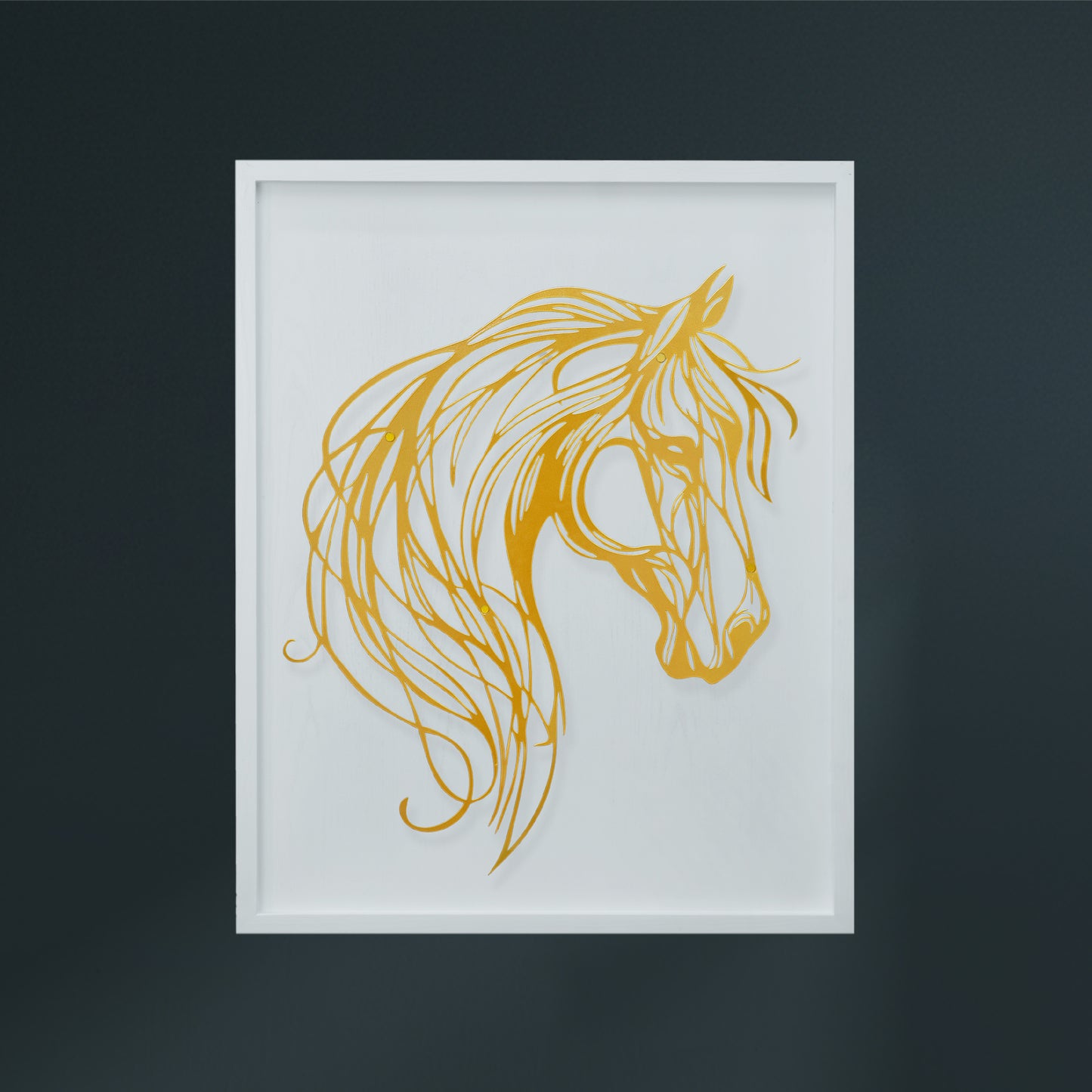 Framed artwork of a Golden horse head on a dark background