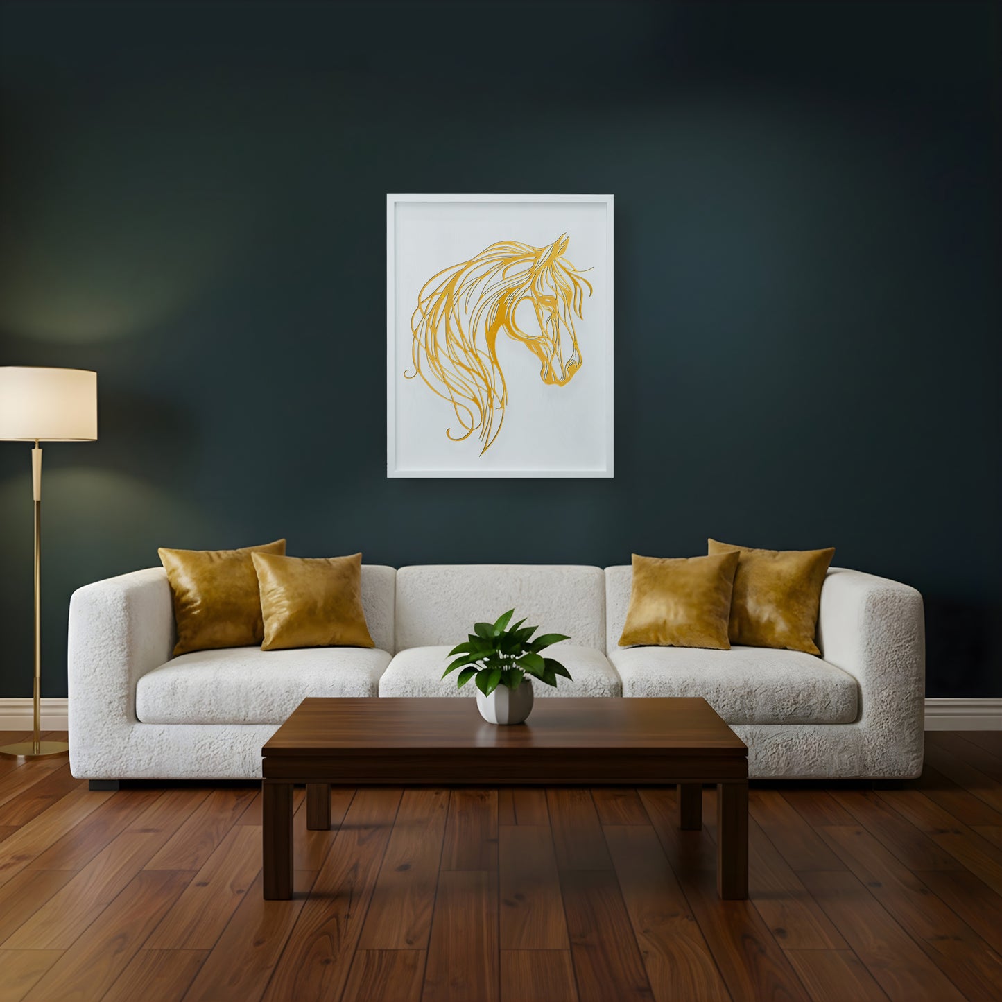 Living room with a white sofa, wooden coffee table, and a horse metal wall art with wooden frame.