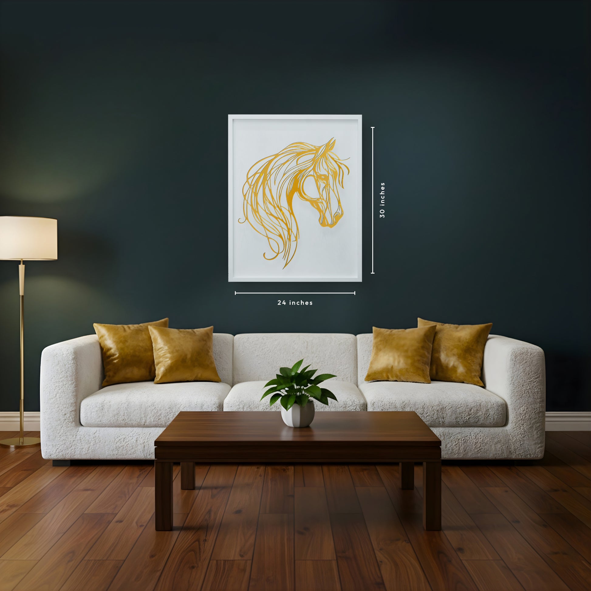 Living room with a white sofa, wooden coffee table, and a framed golden horse head art print on the wall.