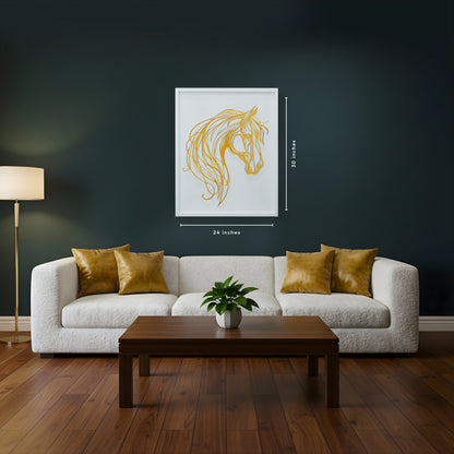 Living room with a white sofa, wooden coffee table, and a framed golden horse head art print on the wall.