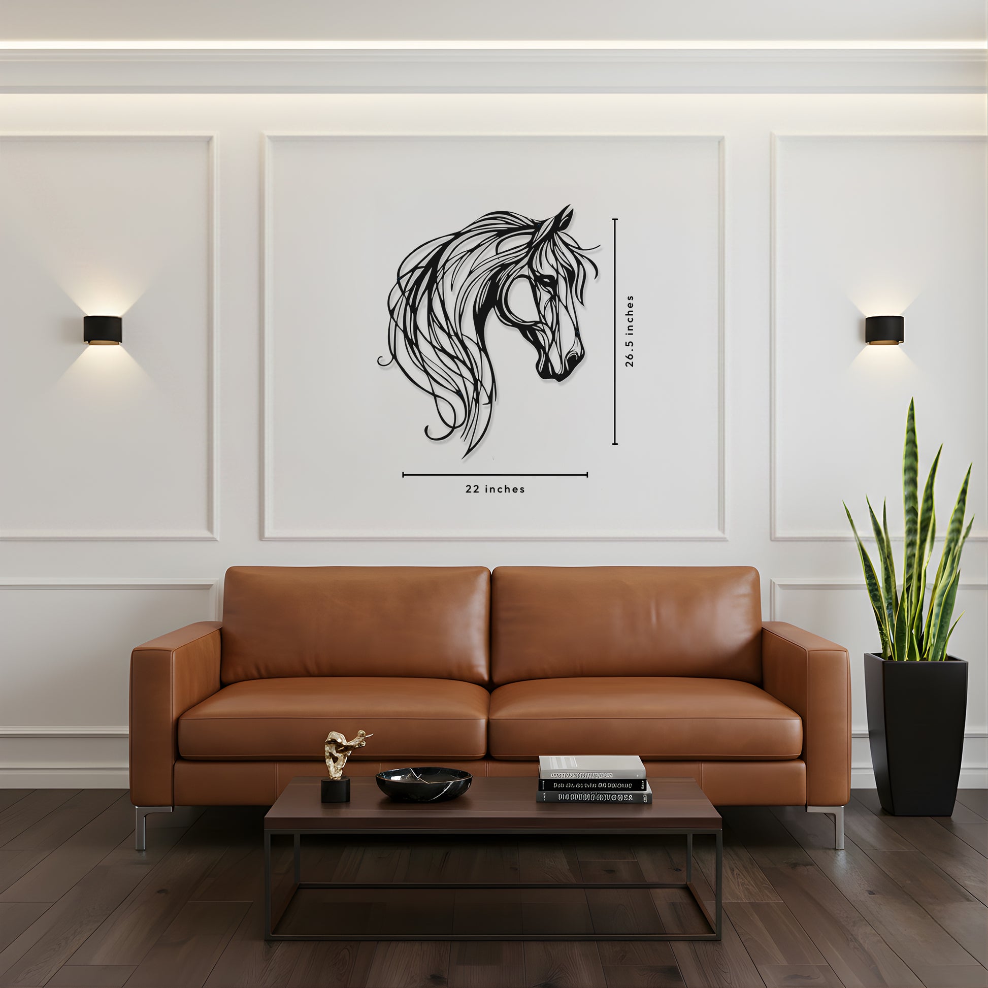 Modern living room with a brown leather sofa, coffee table, and decorative wall art of a horse head.