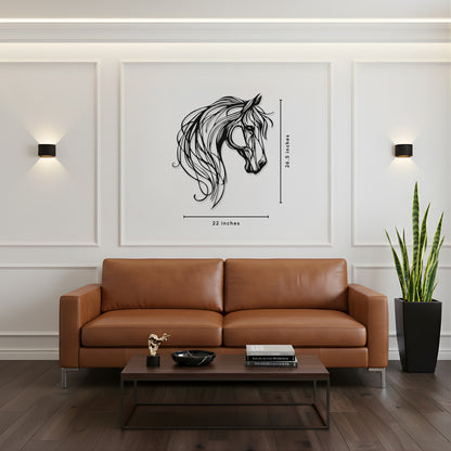 Modern living room with a brown leather sofa, coffee table, and decorative wall art of a horse head.