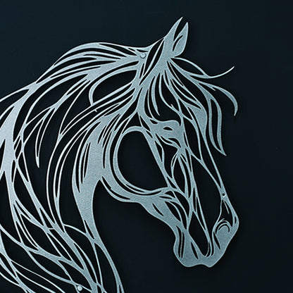 Metallic horse head design on a black background