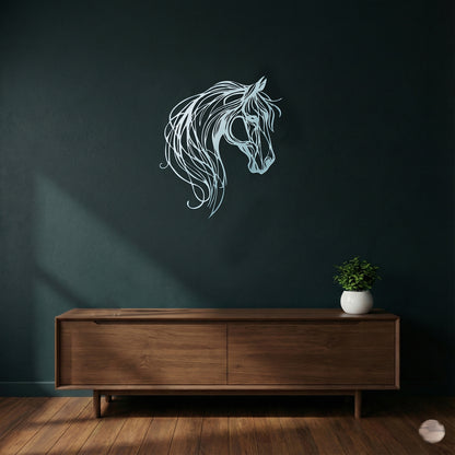 Wall decal of a horse head on a dark wall above a wooden console table.