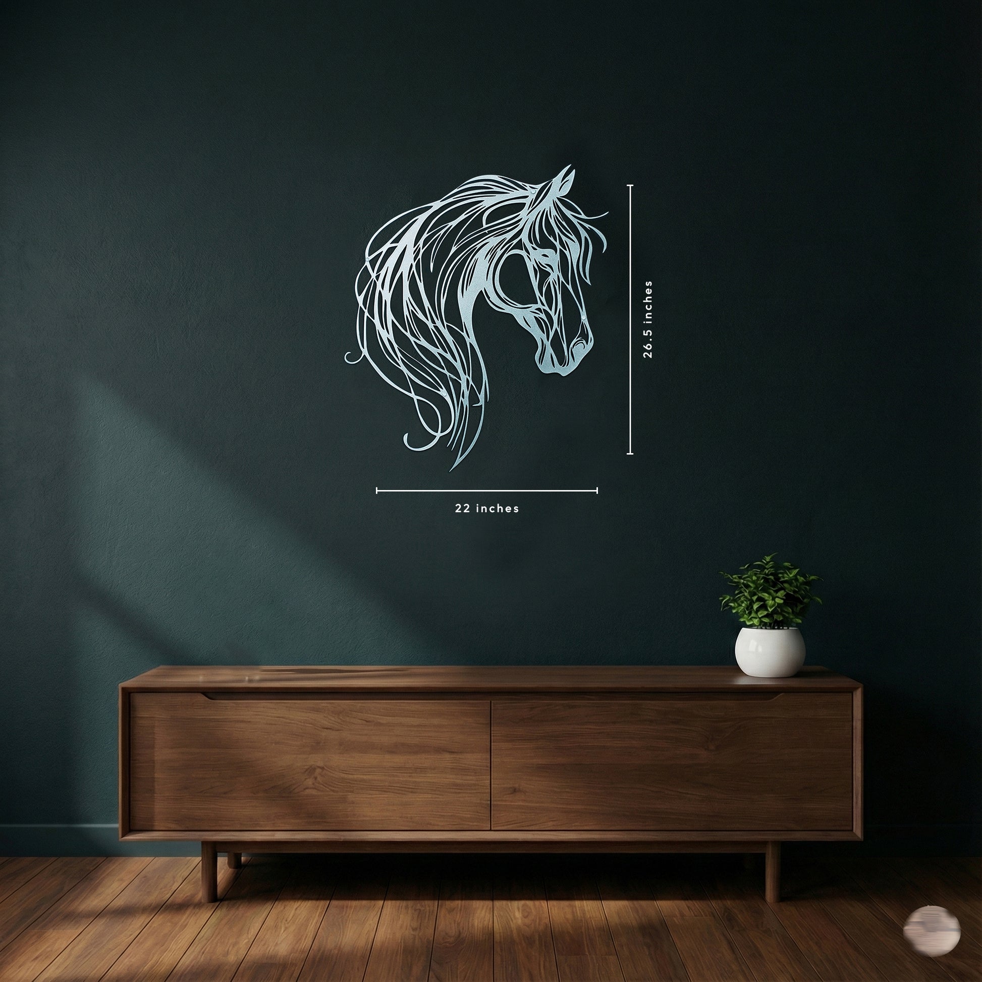 Horse head wall decal on a dark wall with a wooden cabinet and plant below.