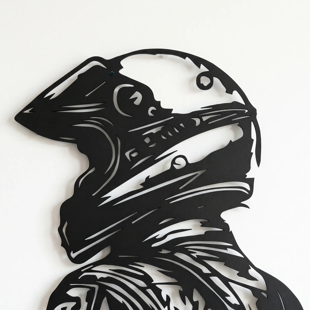 Close-up detail of Racing Rider Metal Wall Art showing precision CNC laser-cut motorcycle helmet in black metal