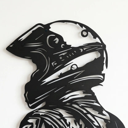 Close-up detail of Racing Rider Metal Wall Art showing precision CNC laser-cut motorcycle helmet in black metal