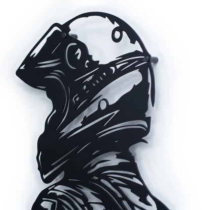Side angle close-up of Racing Rider black metal wall art showing intricate laser-cut detail of rider helmet and gear