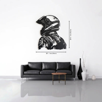 Racing Rider Metal Wall Art – 21x24 inch black steel motorcycle helmet wall decor mounted in a modern living room