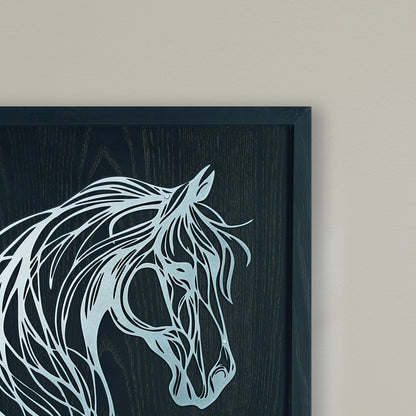 Framed artwork of a stylized horse head on a dark background